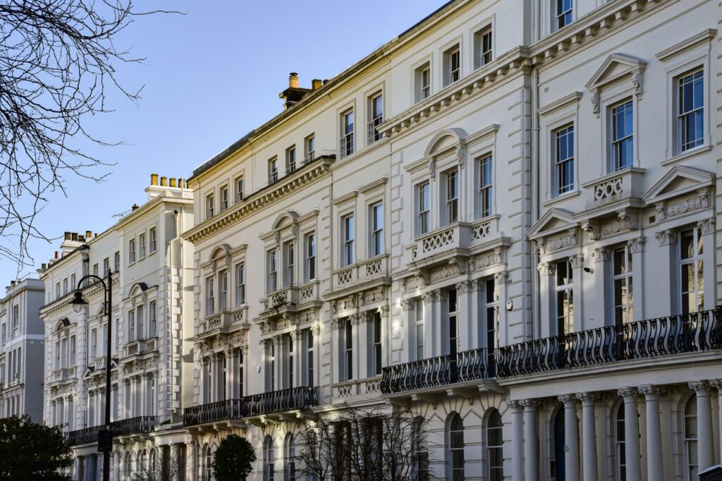 Elegant Georgian terrace houses in London with classic architectural details.